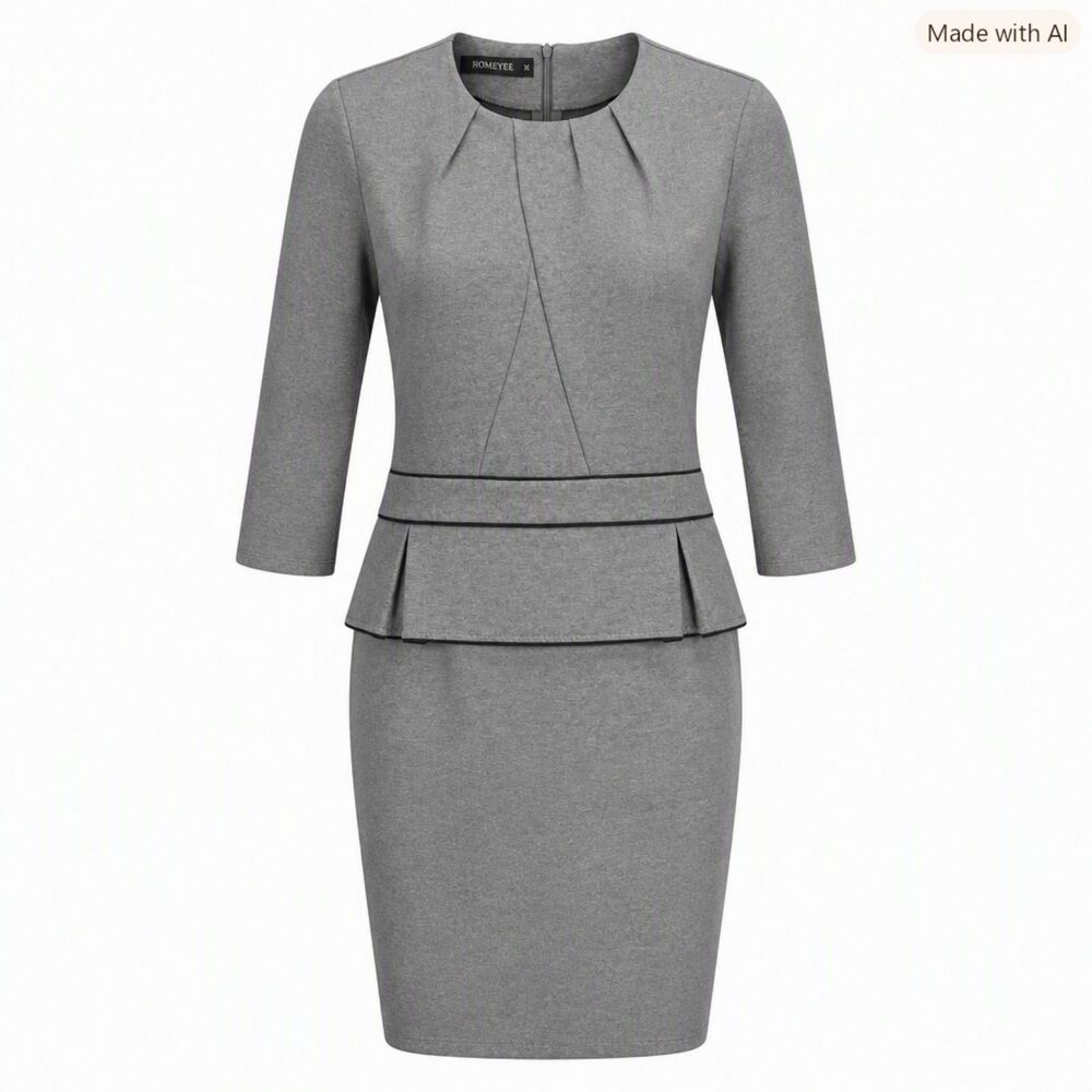 Homeyee Gray Peplum Midi Dress – Structured Knit – Size 1XL – EUC